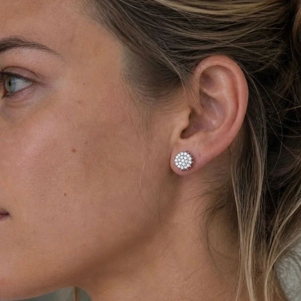 White Gold Plated Silver Tone CZ Stud Earrings, Pavé Crystal Bling, Gift